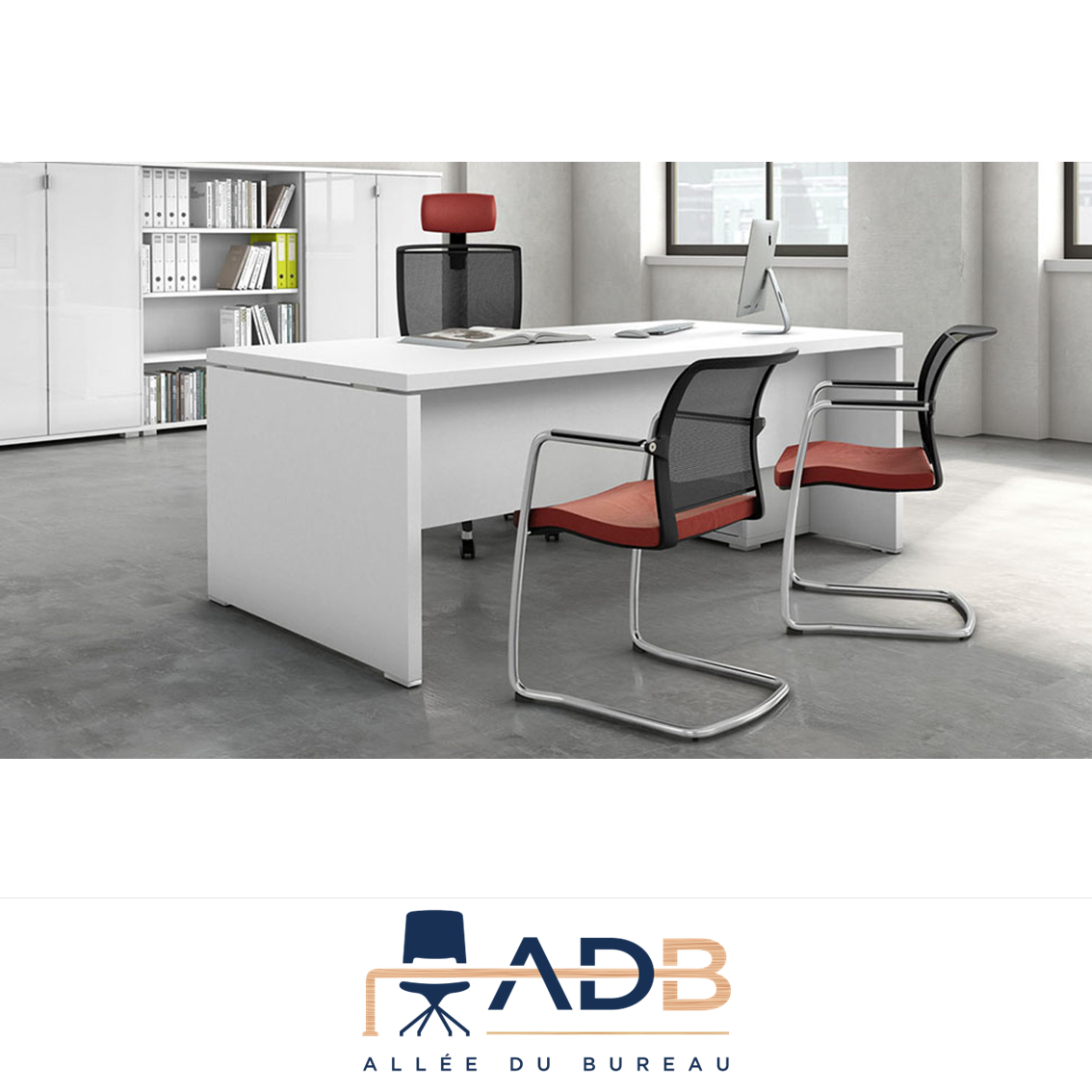 Grand bureau de direction design BATEX avec meuble rangement intégré.